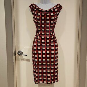 DVF Jovana Sheath Dress Geometric Pattern Red Black Cream, Cowl Neckline Size 6